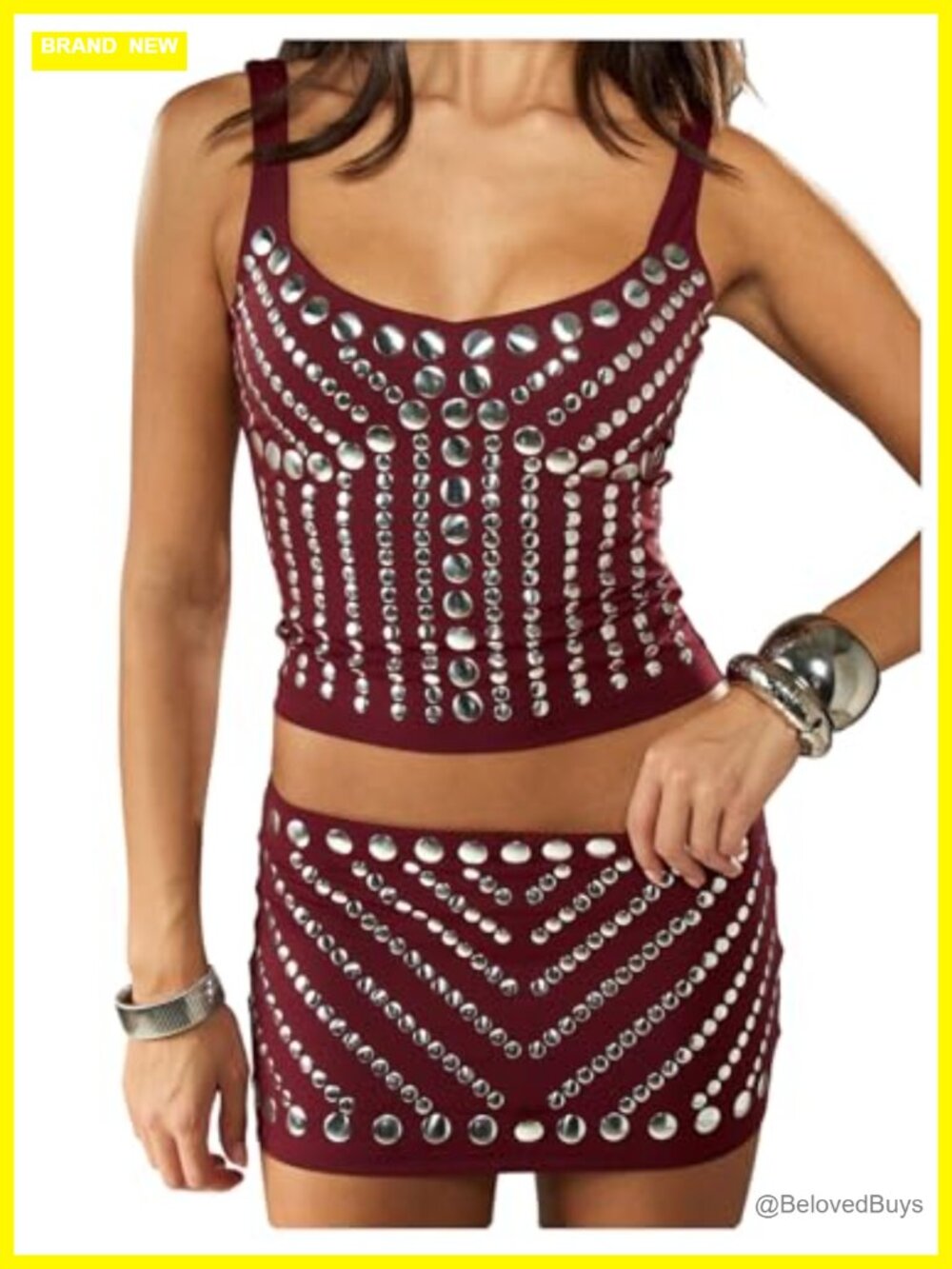 SweatyRocks Women's 2 Piece Studded Sequin Crop Top & Bodycon Mini Skirt Set